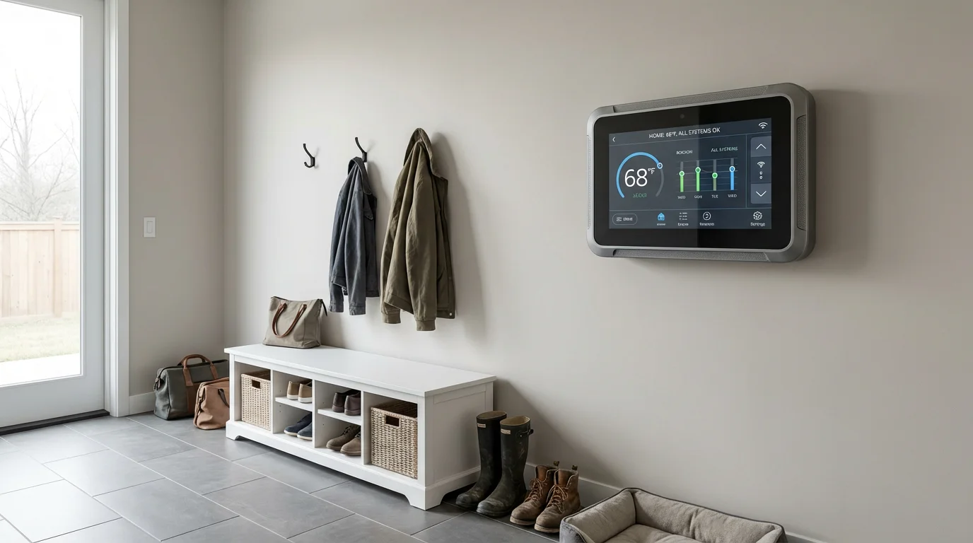 A rectangular smart thermostat mounted on the wall of a bright, modern utility room.