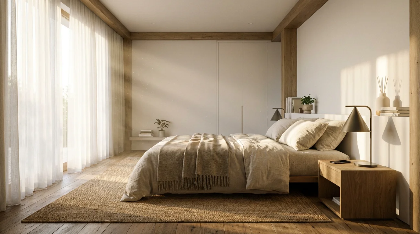 A serene, modern bedroom in soft morning light with a phone placed face down.