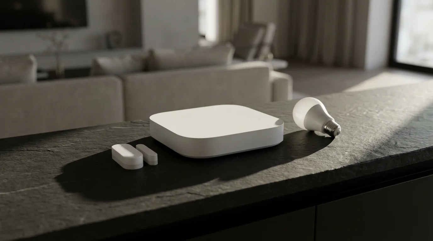 A sleek smart home hub, sensor, and lightbulb on a dark console table.