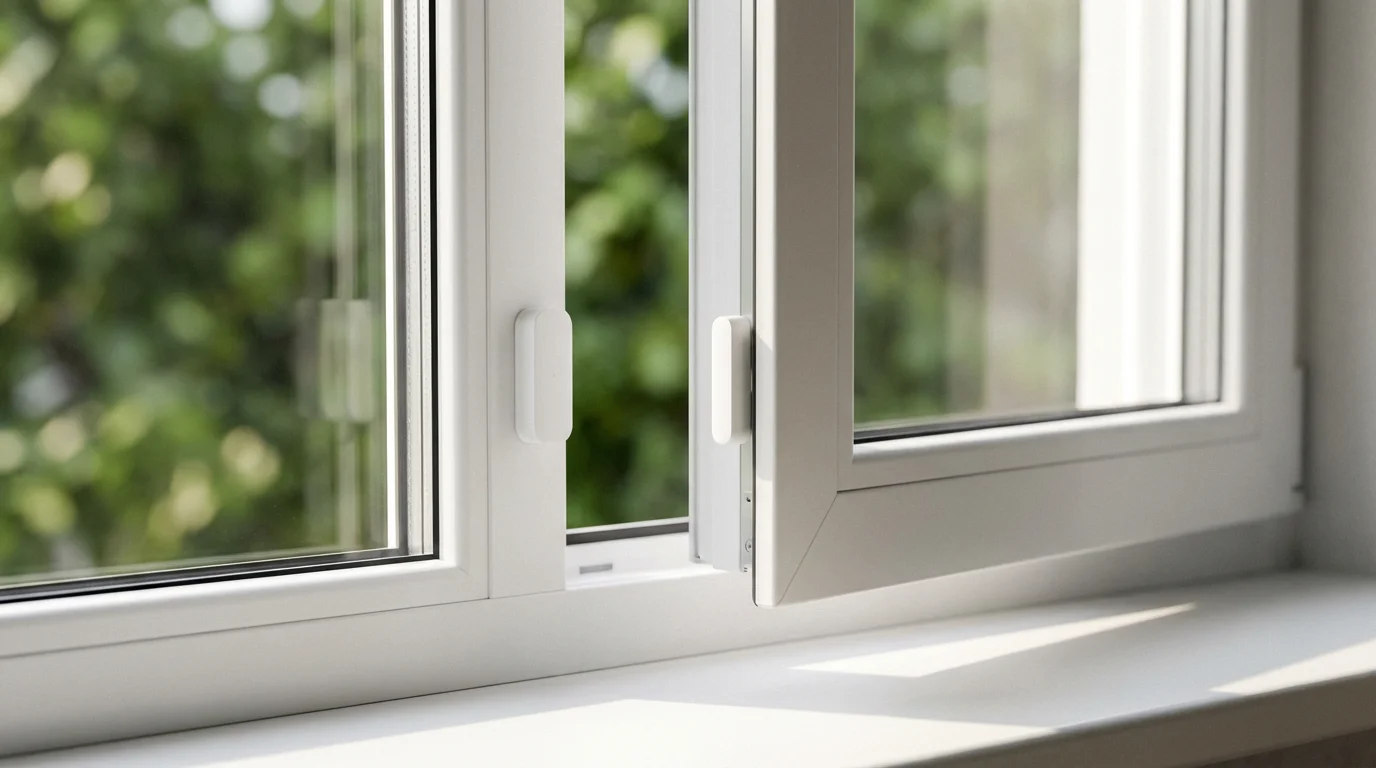 A sleek white smart contact sensor on a window frame, illuminated by morning light.
