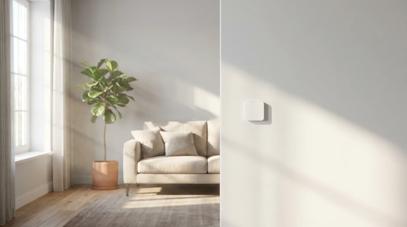 A small white smart room sensor mounted on a sunlit modern living room wall.