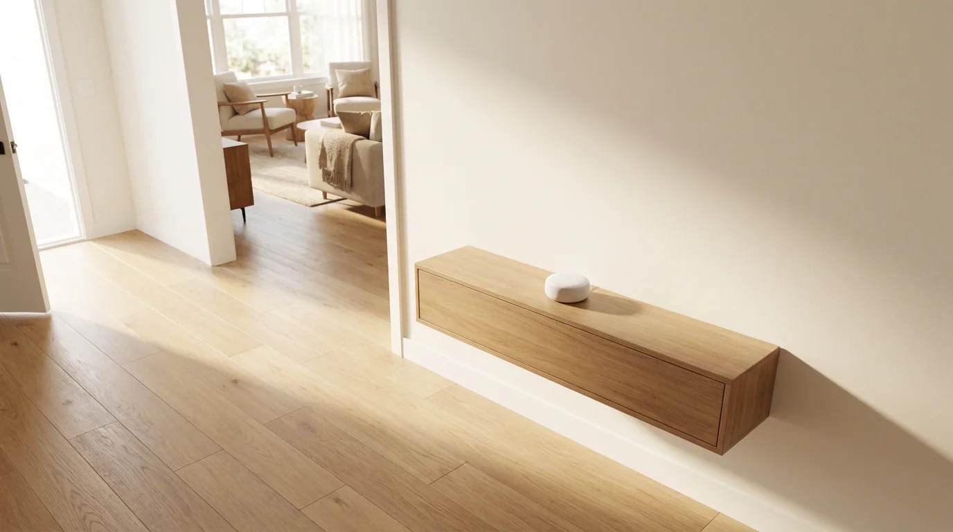 A small white smart speaker on a console table in a modern, sunlit home hallway.