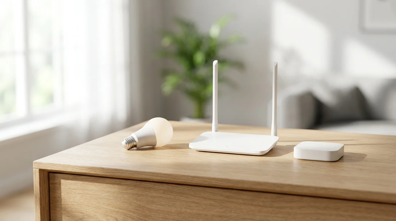A smart bulb, Wi-Fi router, and smart home hub on a wooden table.