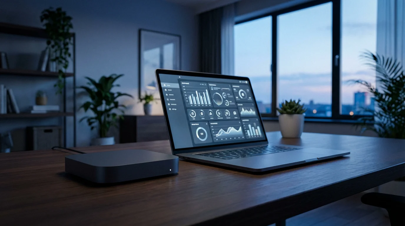 A smart home hub and laptop with a control dashboard on a desk.