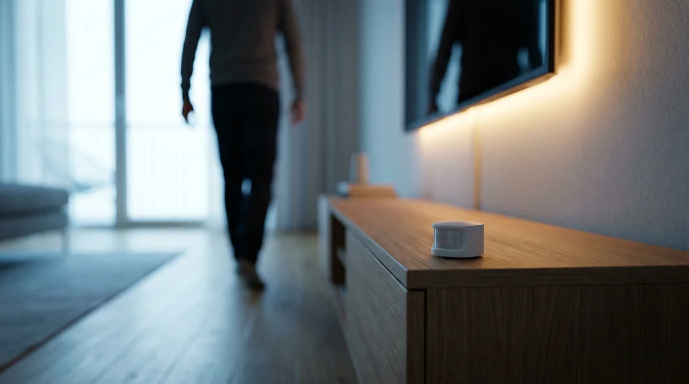 A smart home motion sensor on a console with a person walking away, triggering lights.