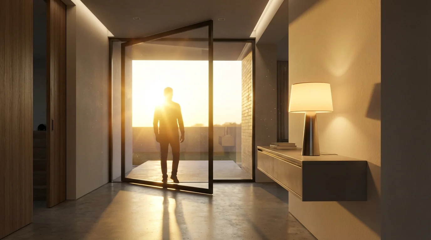 A smart lamp automatically illuminates a modern entryway as someone arrives home at sunset.
