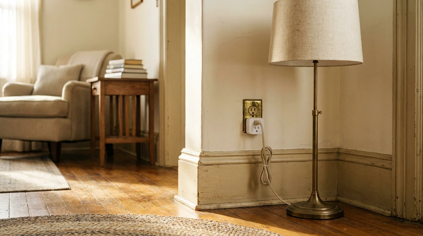 A smart plug connecting a classic floor lamp to a wall outlet in a sunlit room.