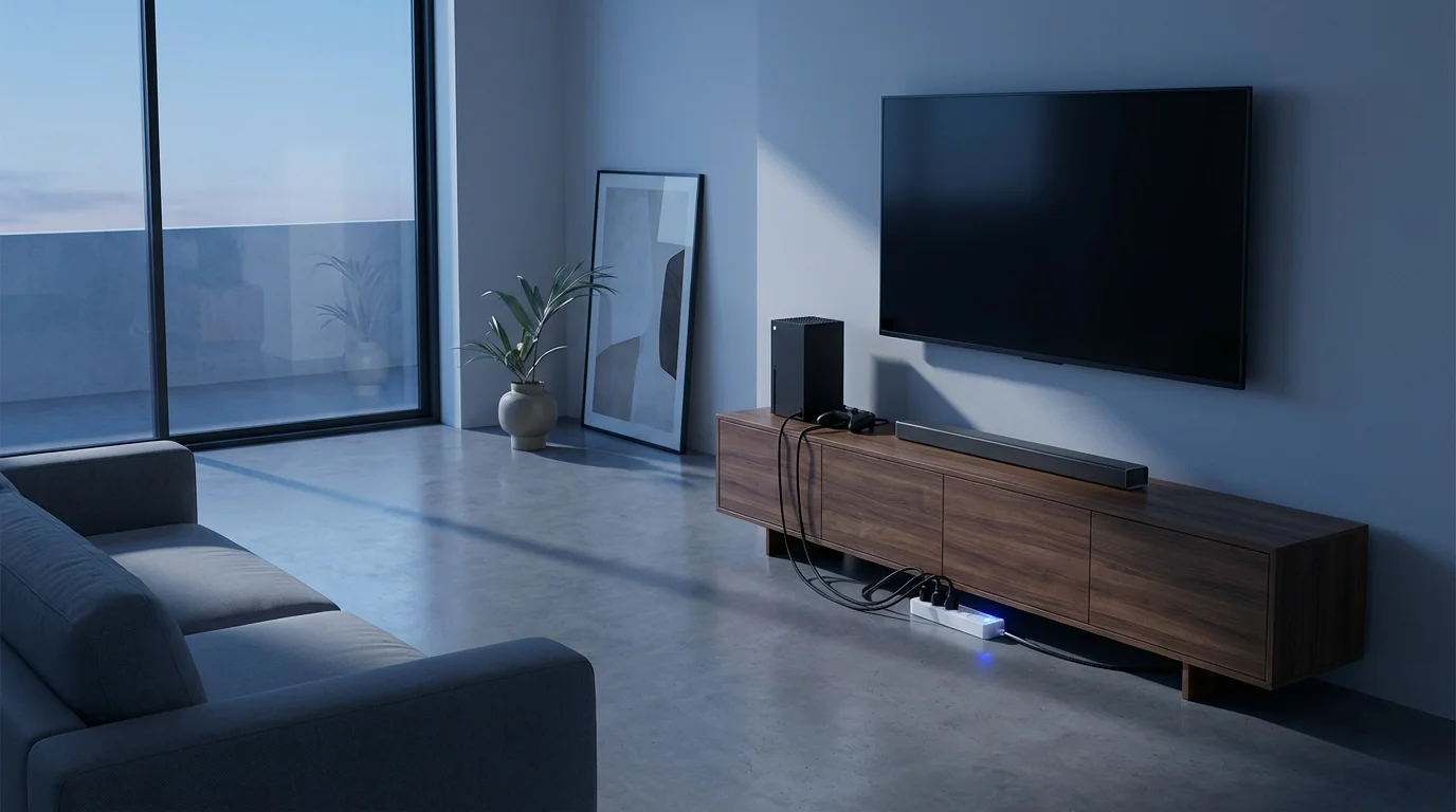 A smart power strip in a modern living room cutting power to an entertainment center.