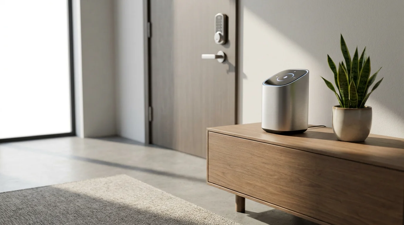 A smart speaker and a door with a smart lock in a sunlit entryway.