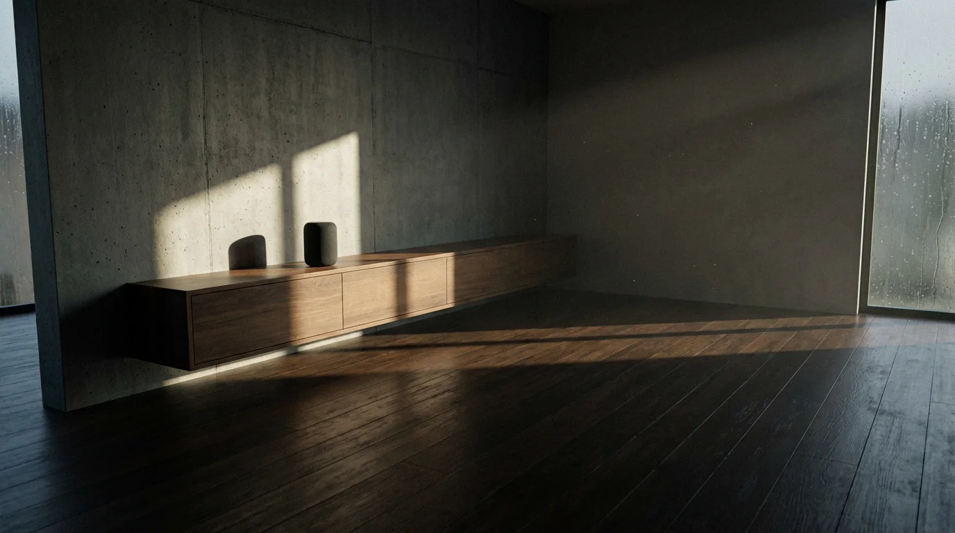 A smart speaker sits on a console table in an empty, modern living room.