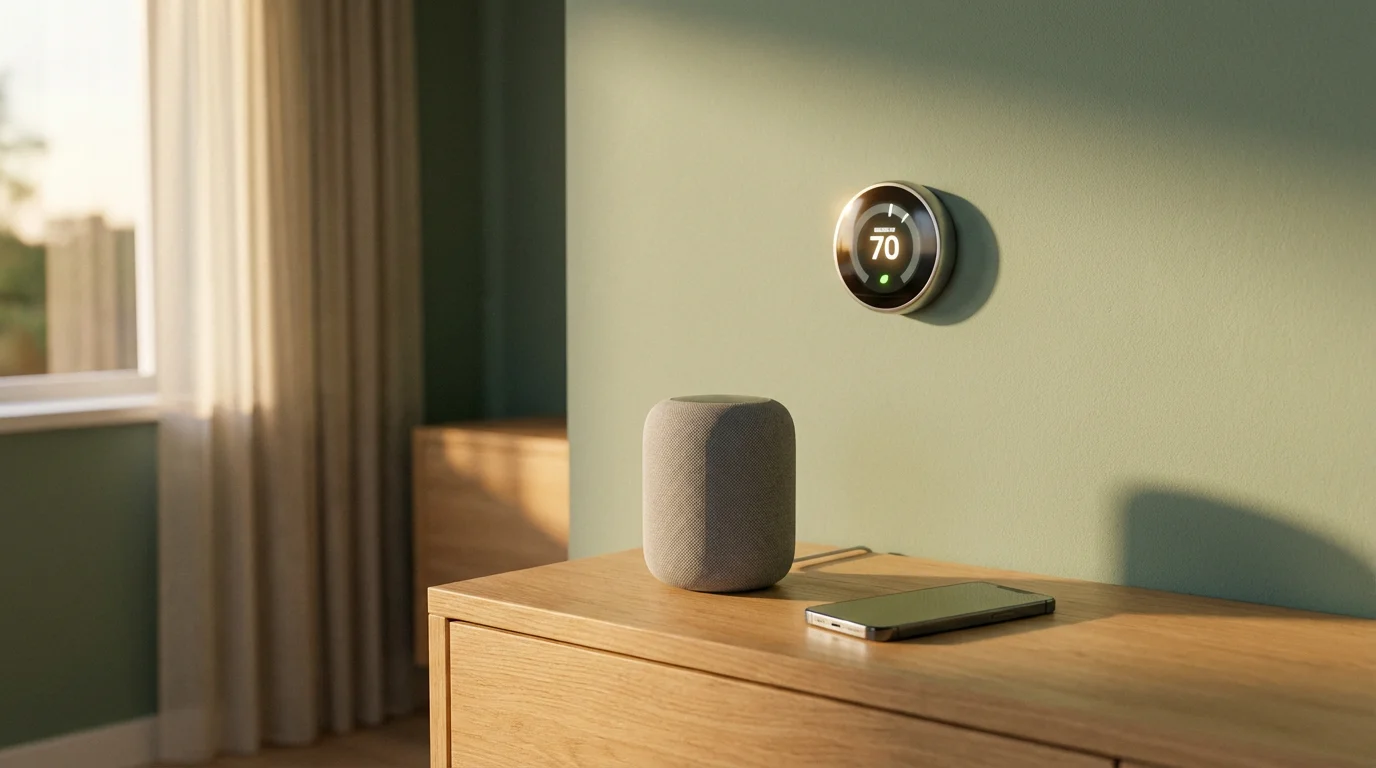 A smart thermostat on a wall above a console table with a smart speaker.