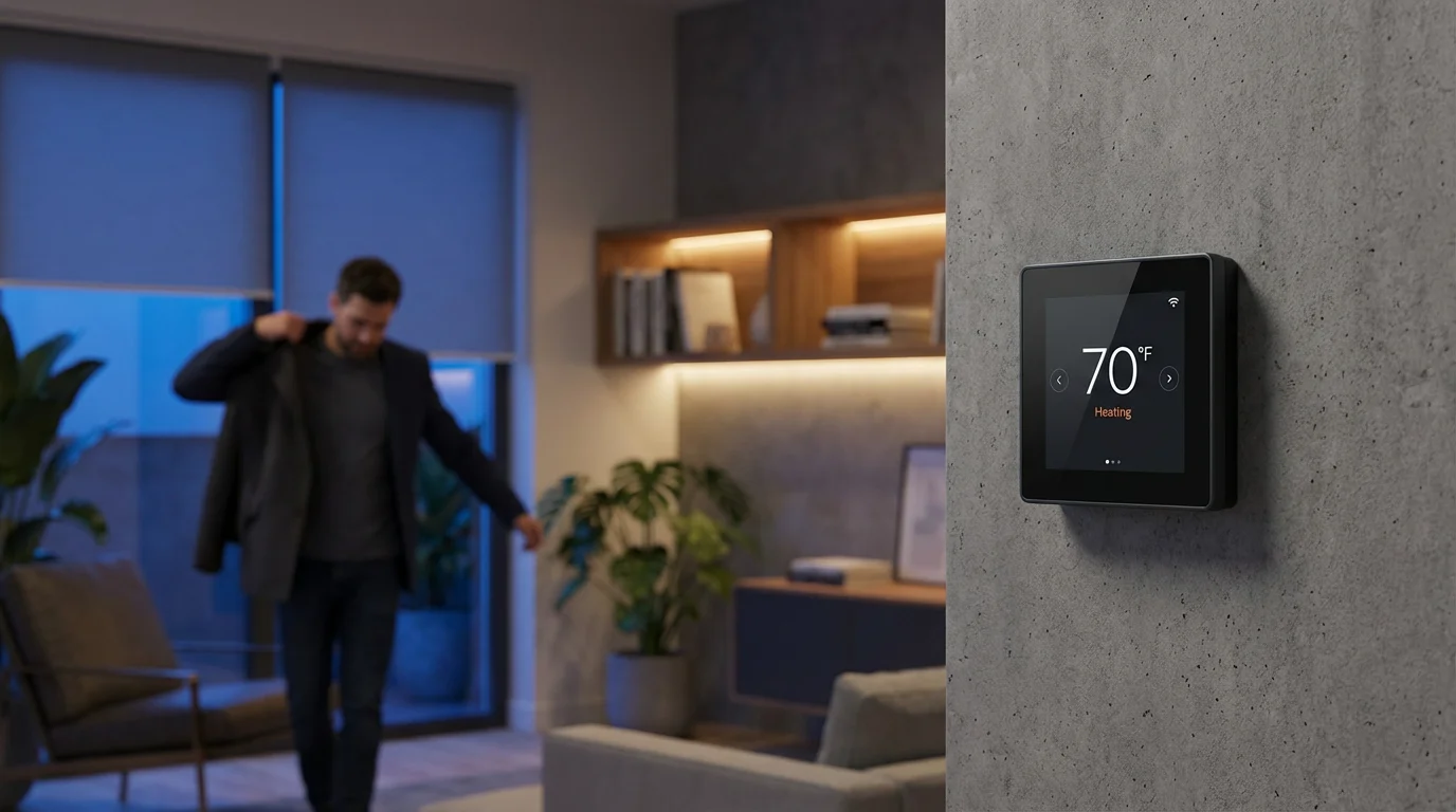A smart thermostat on a wall with a home's automated lights and blinds activating.