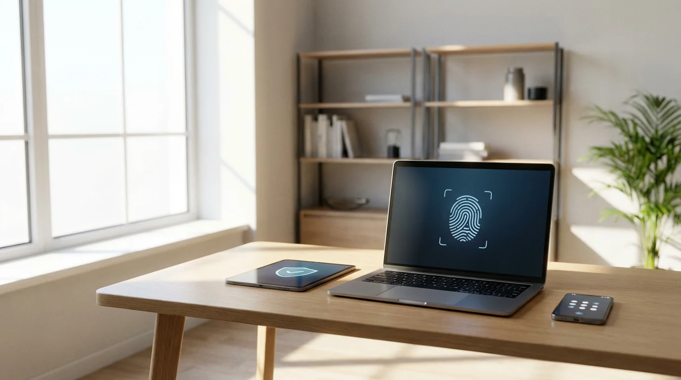 A sunlit desk with a laptop, tablet, and smartphone displaying various security authentication icons.