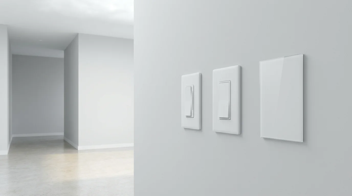 A variety of different smart light switches installed side-by-side on a modern gray wall.