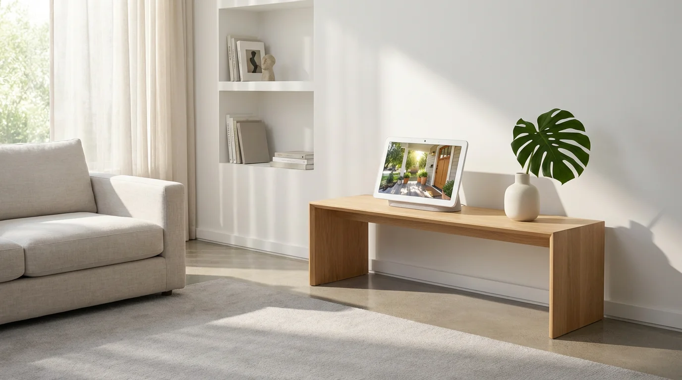 A white smart display on an oak console table showing a front door camera feed.
