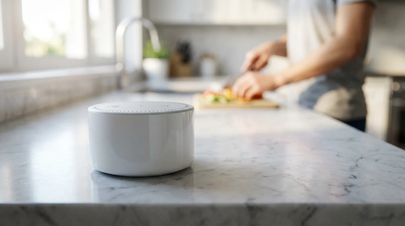 A white smart speaker on a kitchen counter, focusing on its microphone array.