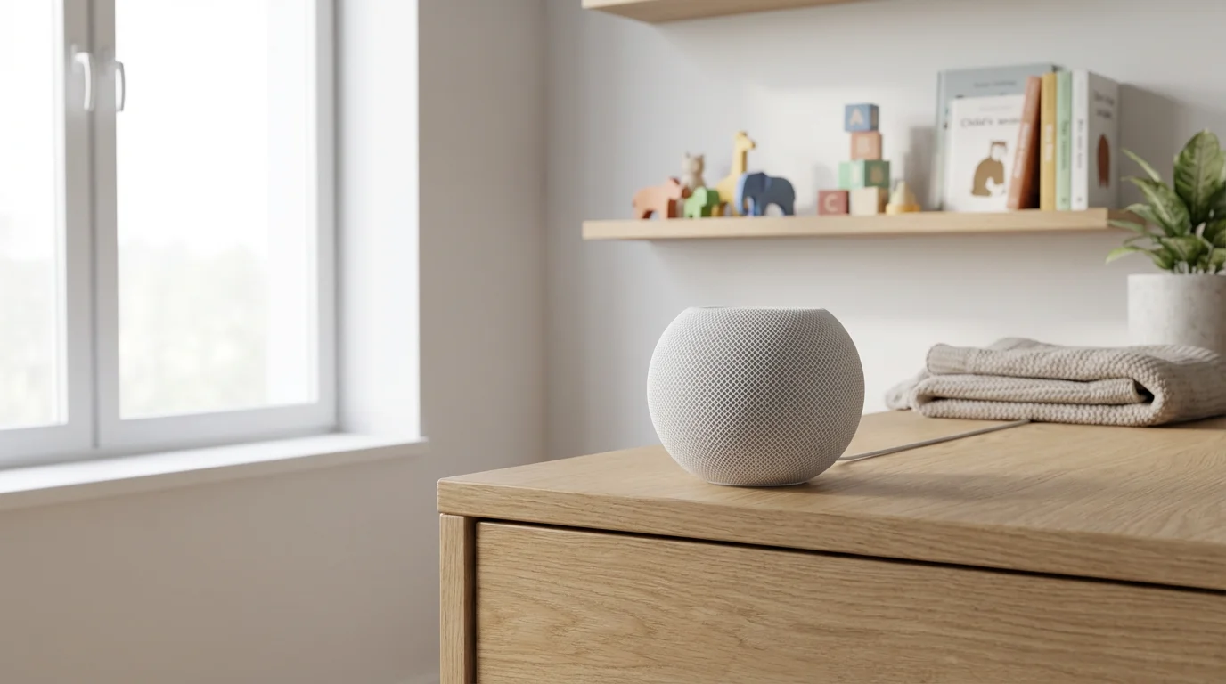 A white smart speaker on a wooden dresser in a child's room.