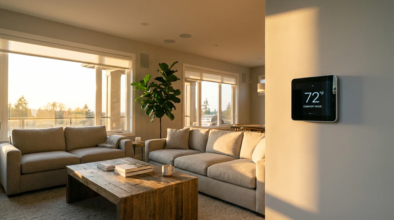 A wide environmental photograph of a modern living room at golden hour with a smart thermostat.