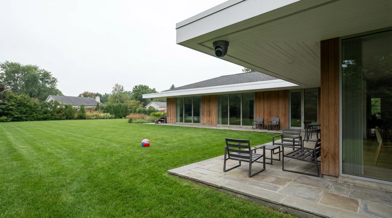 A wide environmental shot of a modern home's backyard with a security camera.