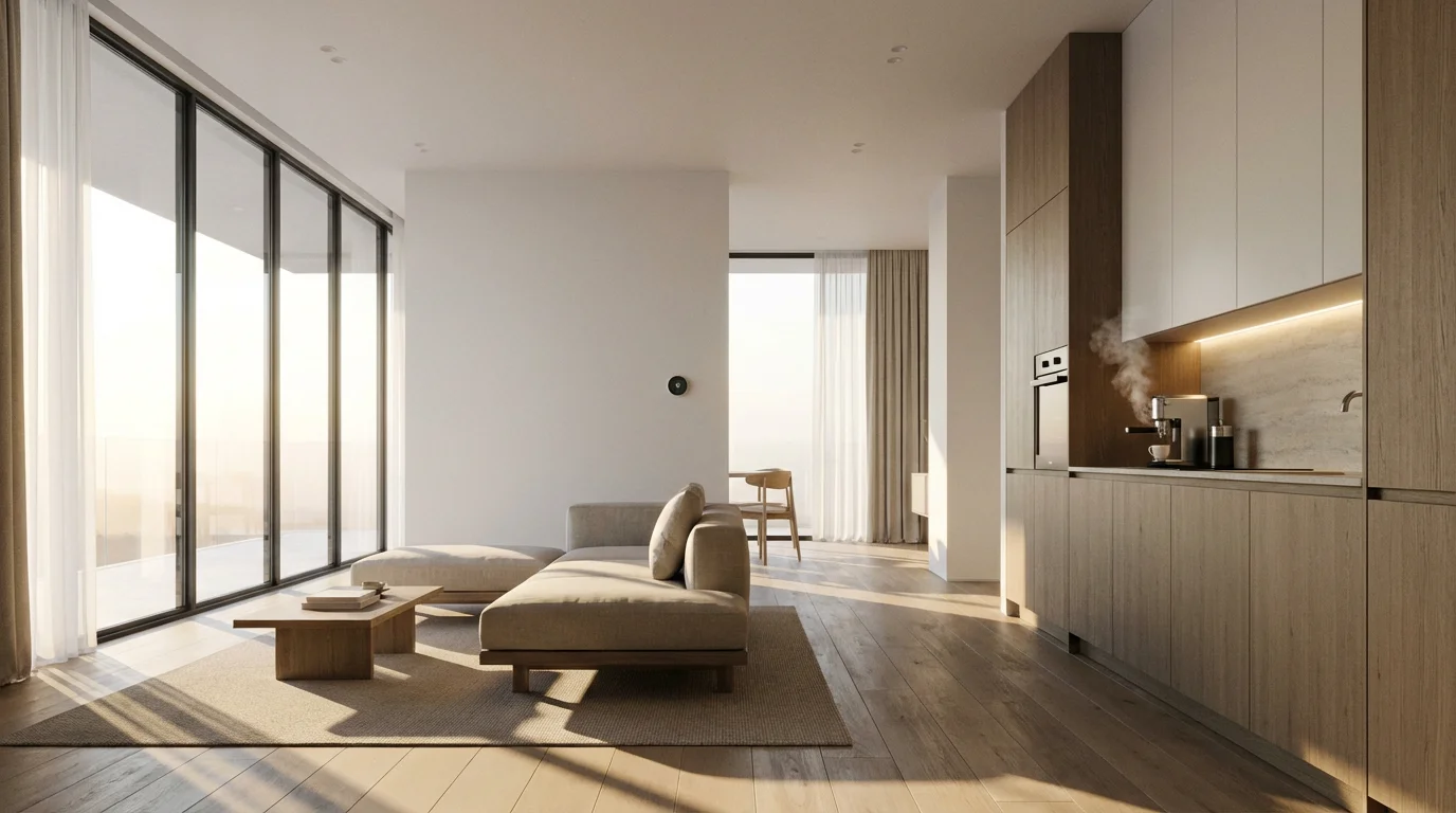 A wide shot of a modern automated home with soft morning light.