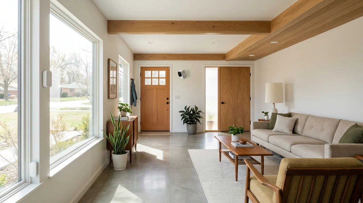 A wide shot of a modern living room showing integrated smart home security devices.