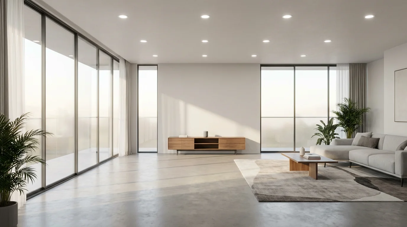 A wide shot of a modern living room with a smart speaker and integrated ceiling lights.