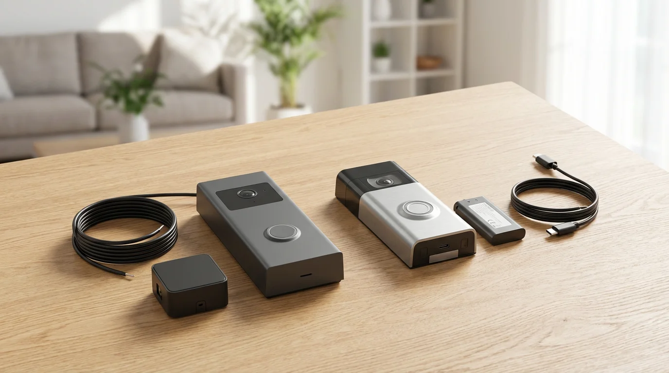 A wired video doorbell and a battery-powered video doorbell laid out side-by-side.