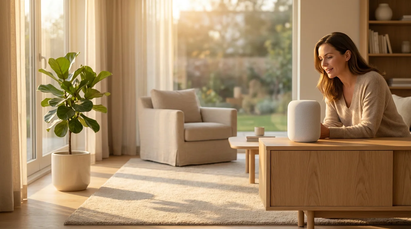A woman speaks to a smart speaker in a quiet, sunlit living room.
