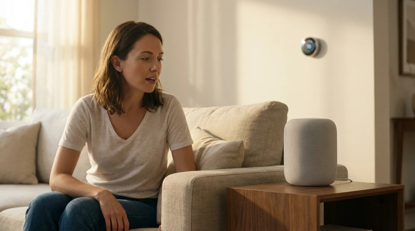 A woman uses a voice command with a smart speaker in her living room.