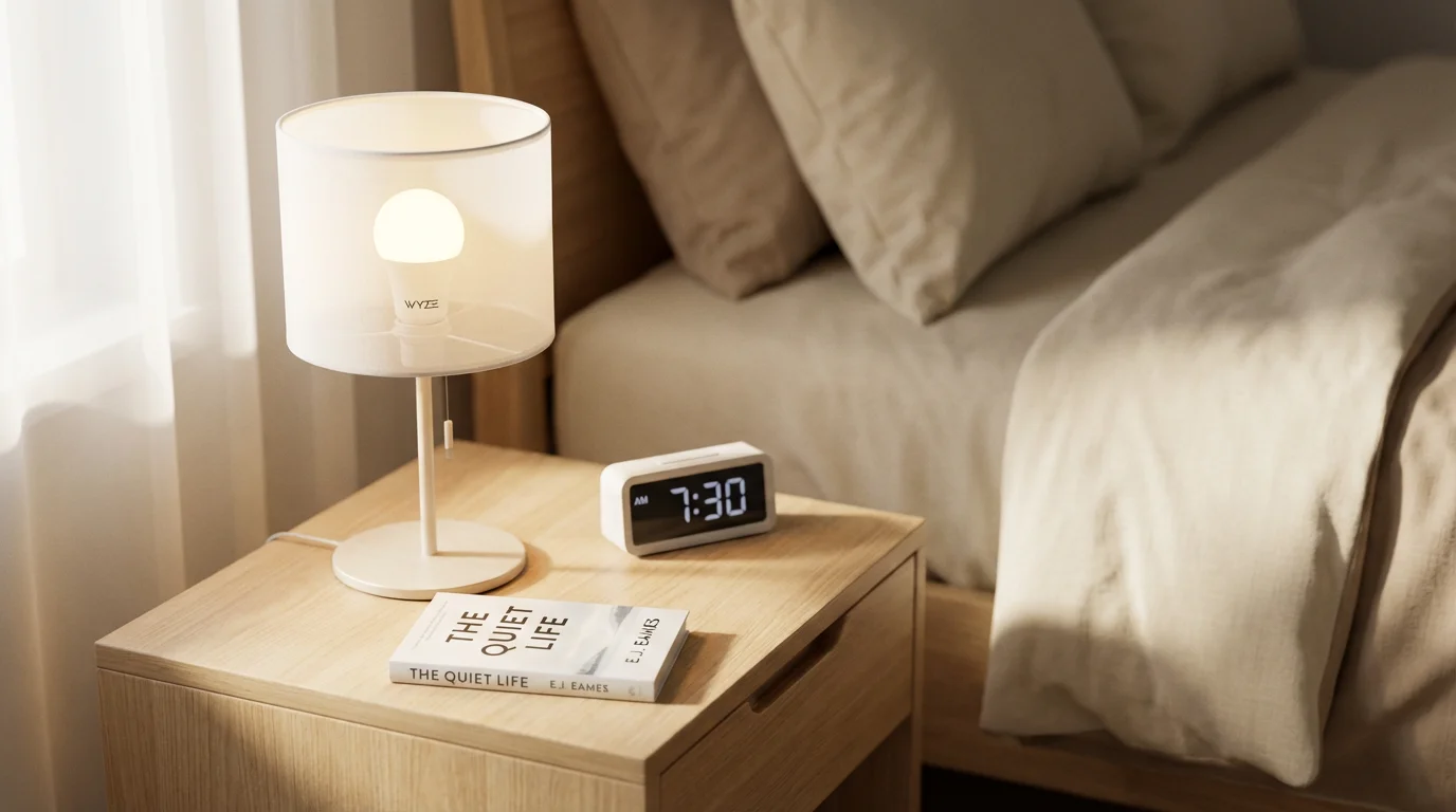 A Wyze smart bulb glowing warmly in a simple lamp on a bedroom nightstand.