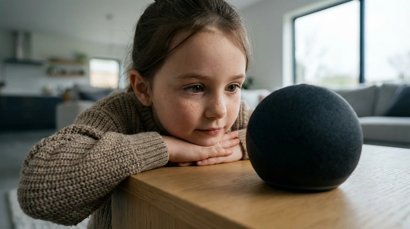 A young girl from a low angle, looking curiously at a smart home speaker.