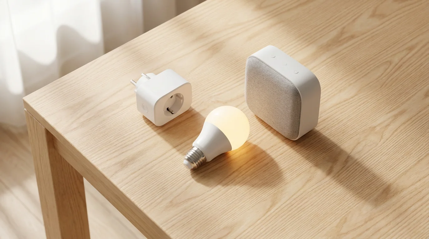 Affordable smart home devices including a smart plug, bulb, and speaker on a table.