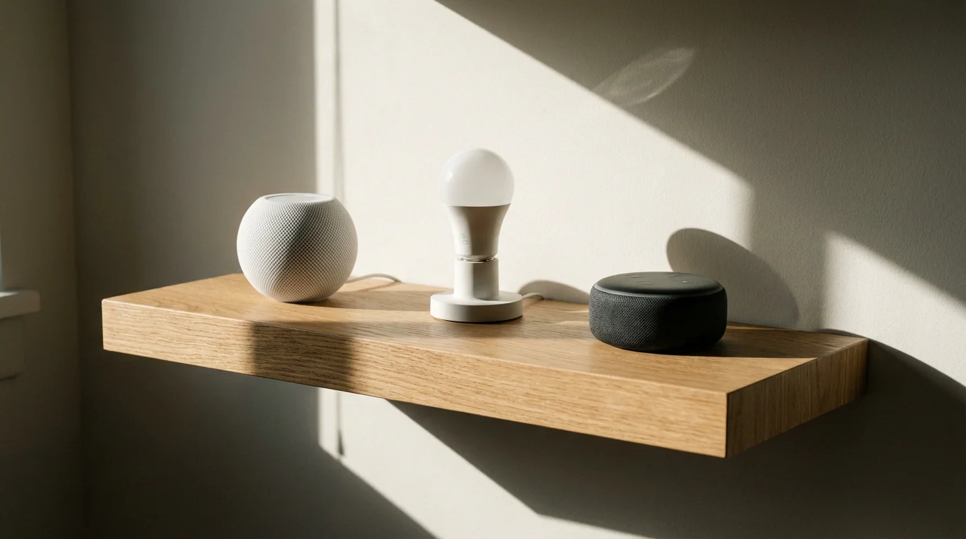 An Apple HomePod mini and Amazon Echo Dot on a floating shelf in afternoon sunlight.