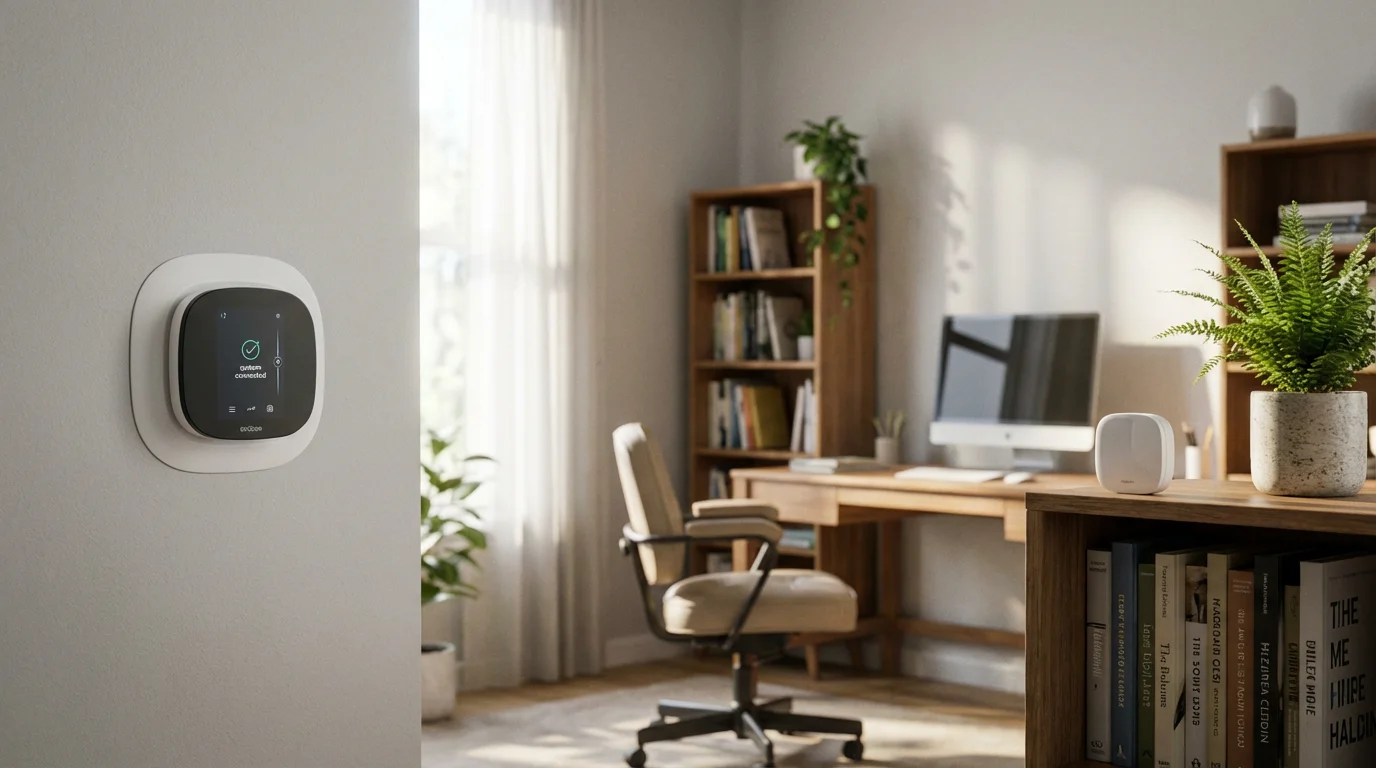 An Ecobee-style smart thermostat and room sensor in a modern home office.