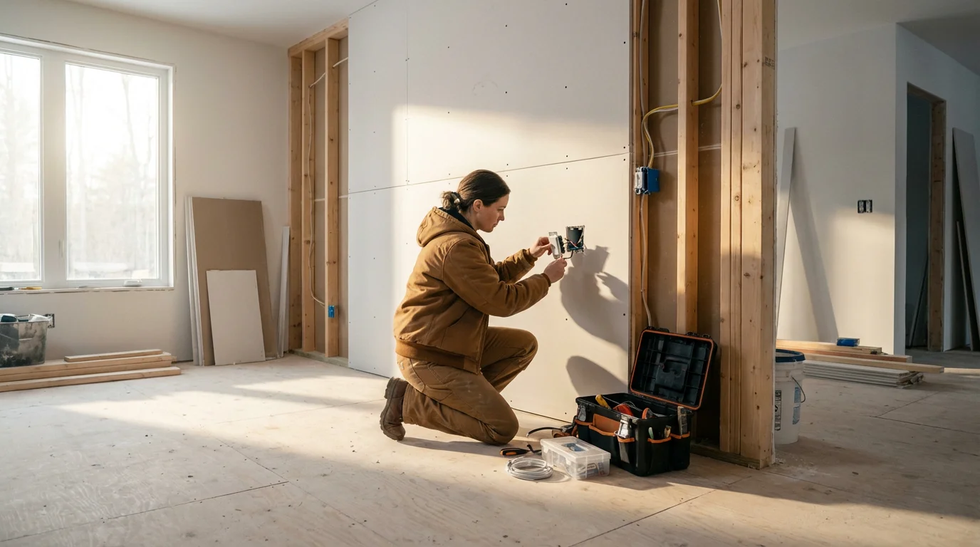 An electrician performs a professional installation of a smart switch in a home renovation.
