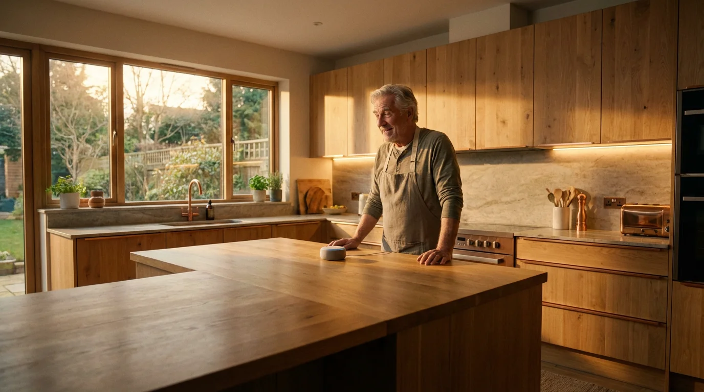 An older man using a voice command to activate smart lighting in a modern kitchen.