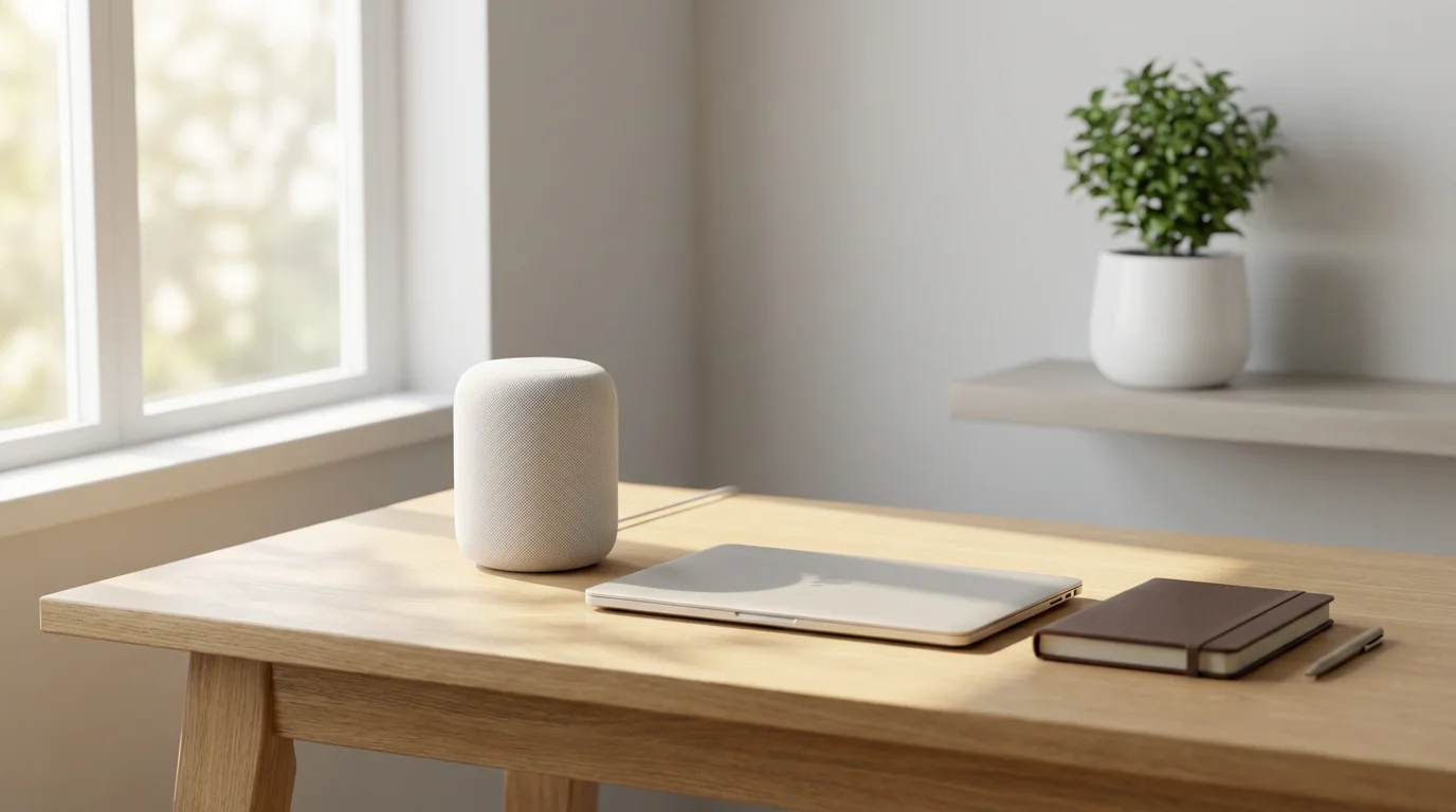 An organized home office desk with a white smart speaker and laptop.