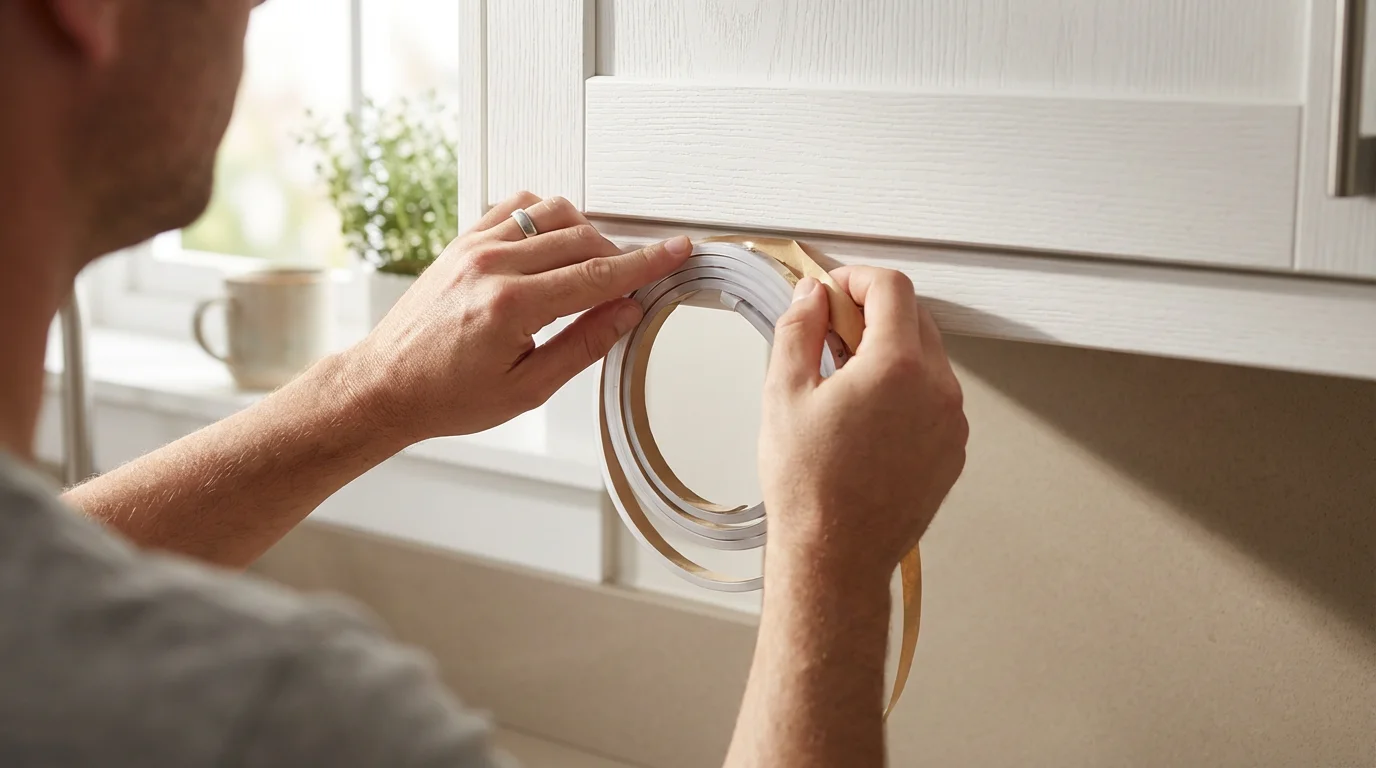 An over-the-shoulder view of hands carefully sticking an LED light strip under a kitchen cabinet.