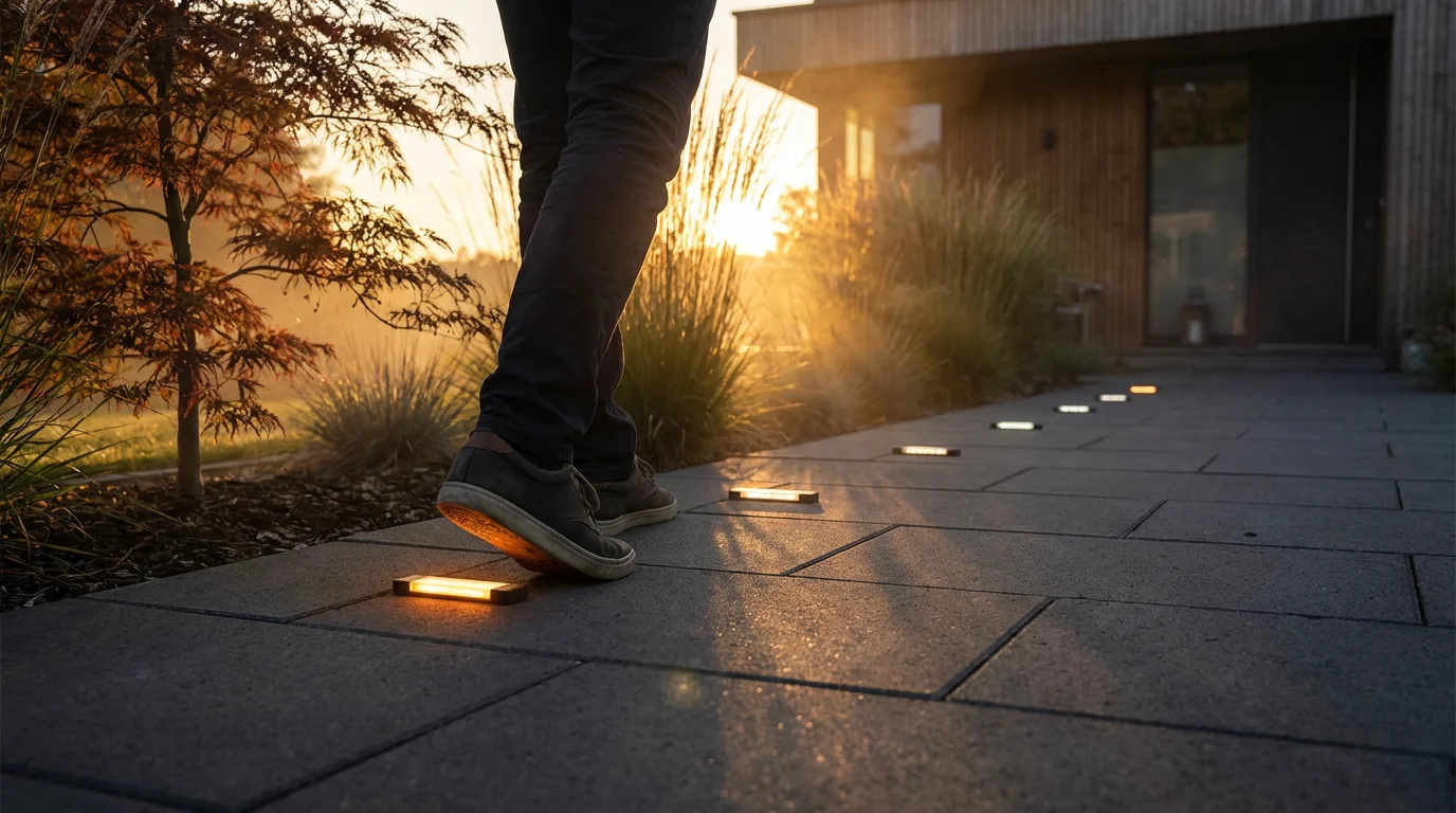 Automated smart pathway lights turning on as a person walks along a garden path at sunset.