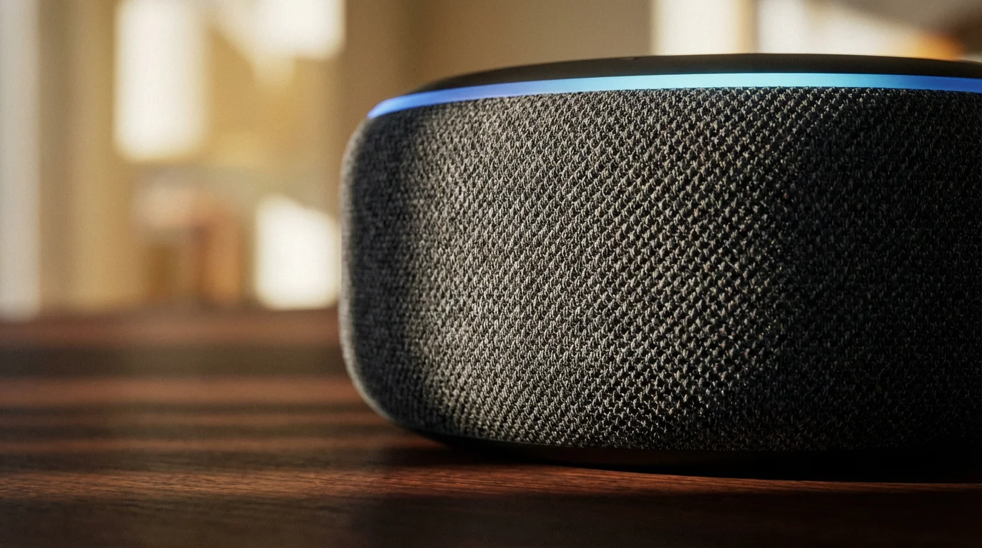 Close-up macro photo of a charcoal grey smart speaker on a wood surface.