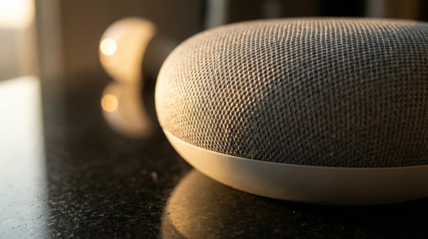 Close-up macro photo of a fabric smart speaker on a countertop during golden hour.