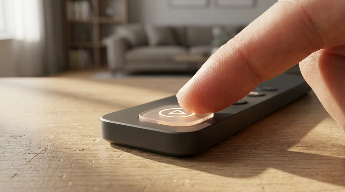 Close-up macro photo of a finger pressing a glowing movie button on a smart remote.