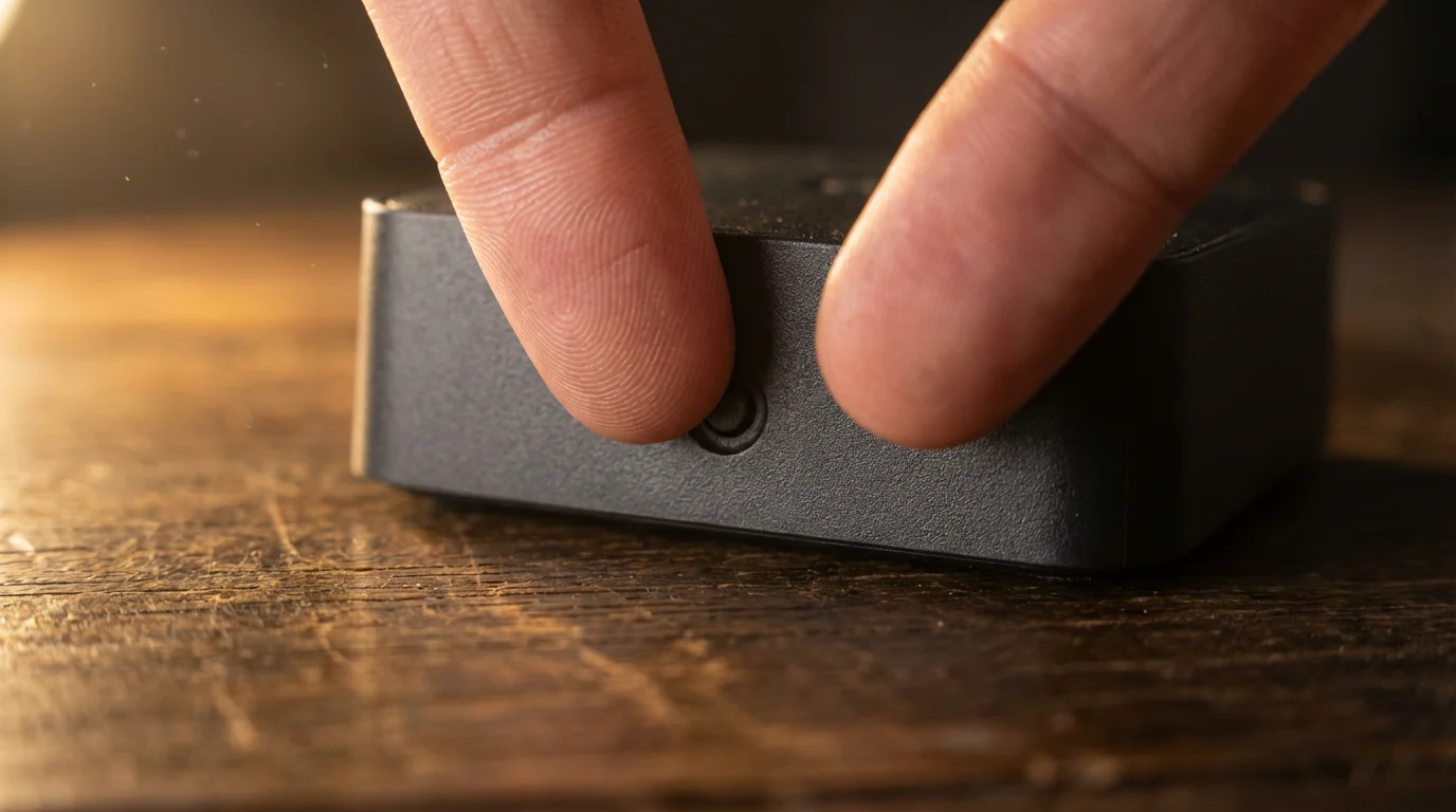 Close-up macro photo of a finger pressing the reset button on a smart device.