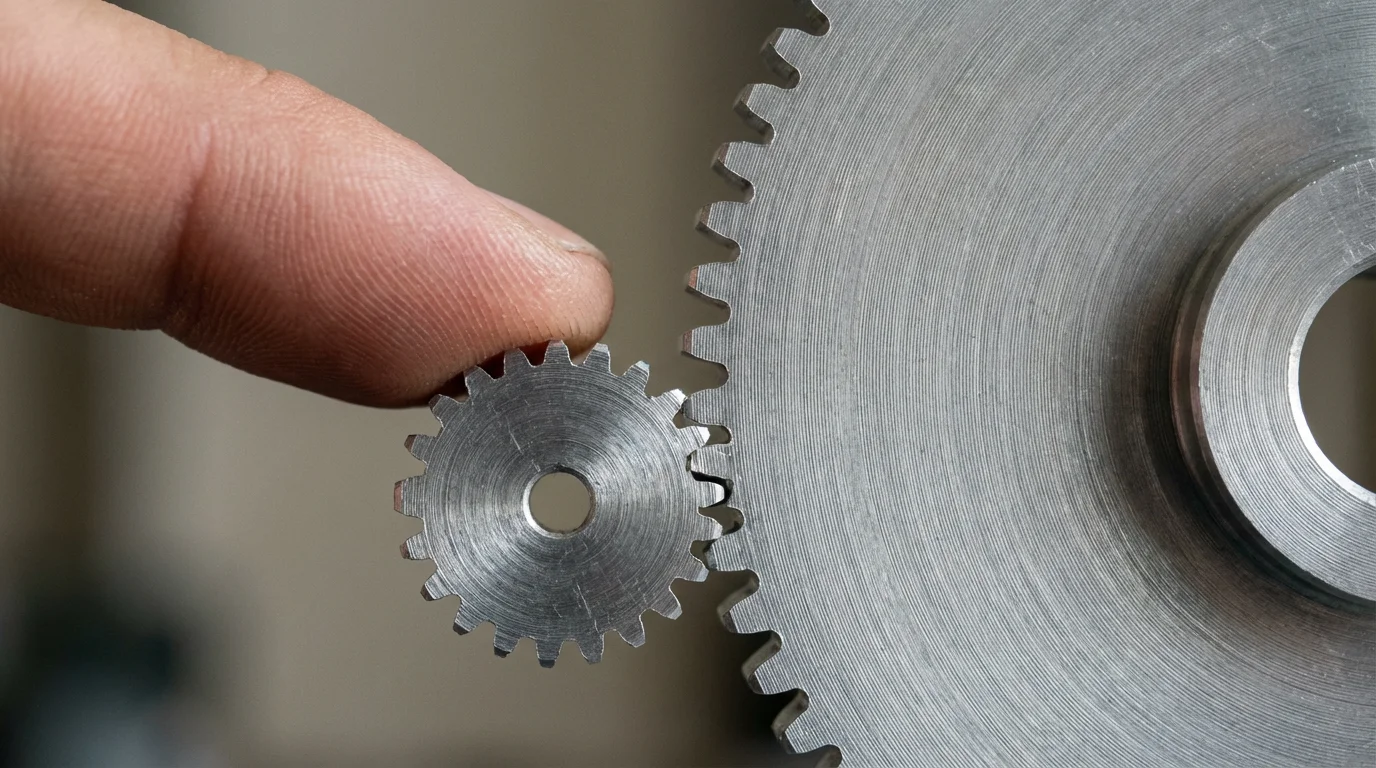 Close-up macro photo of a finger touching a small gear connected to a larger one.