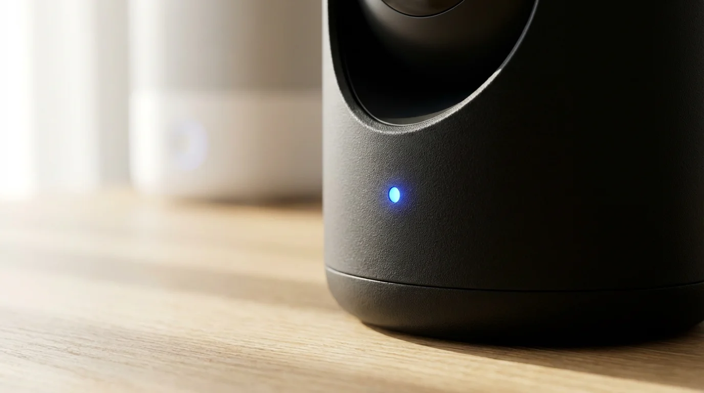 Close-up macro photo of a glowing blue status light on a modern security camera.