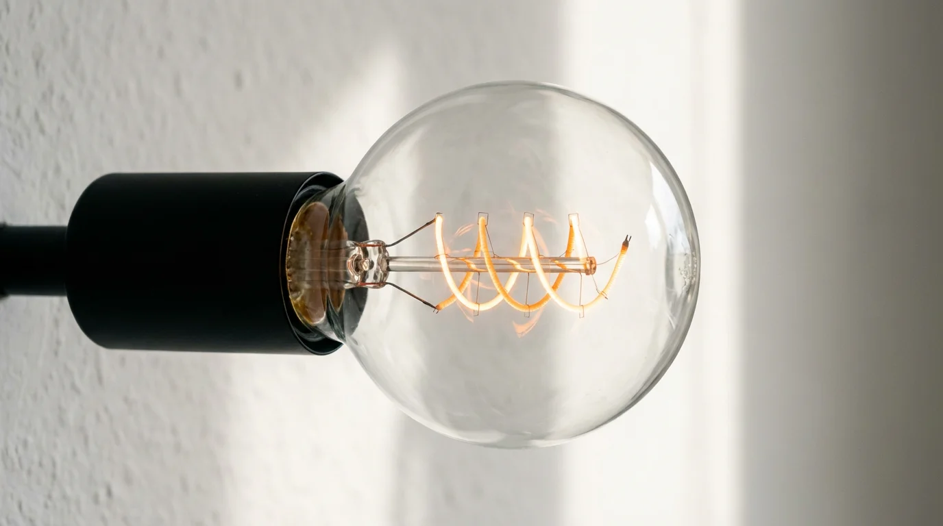 Close-up macro photo of a glowing Edison smart bulb filament in soft morning light.