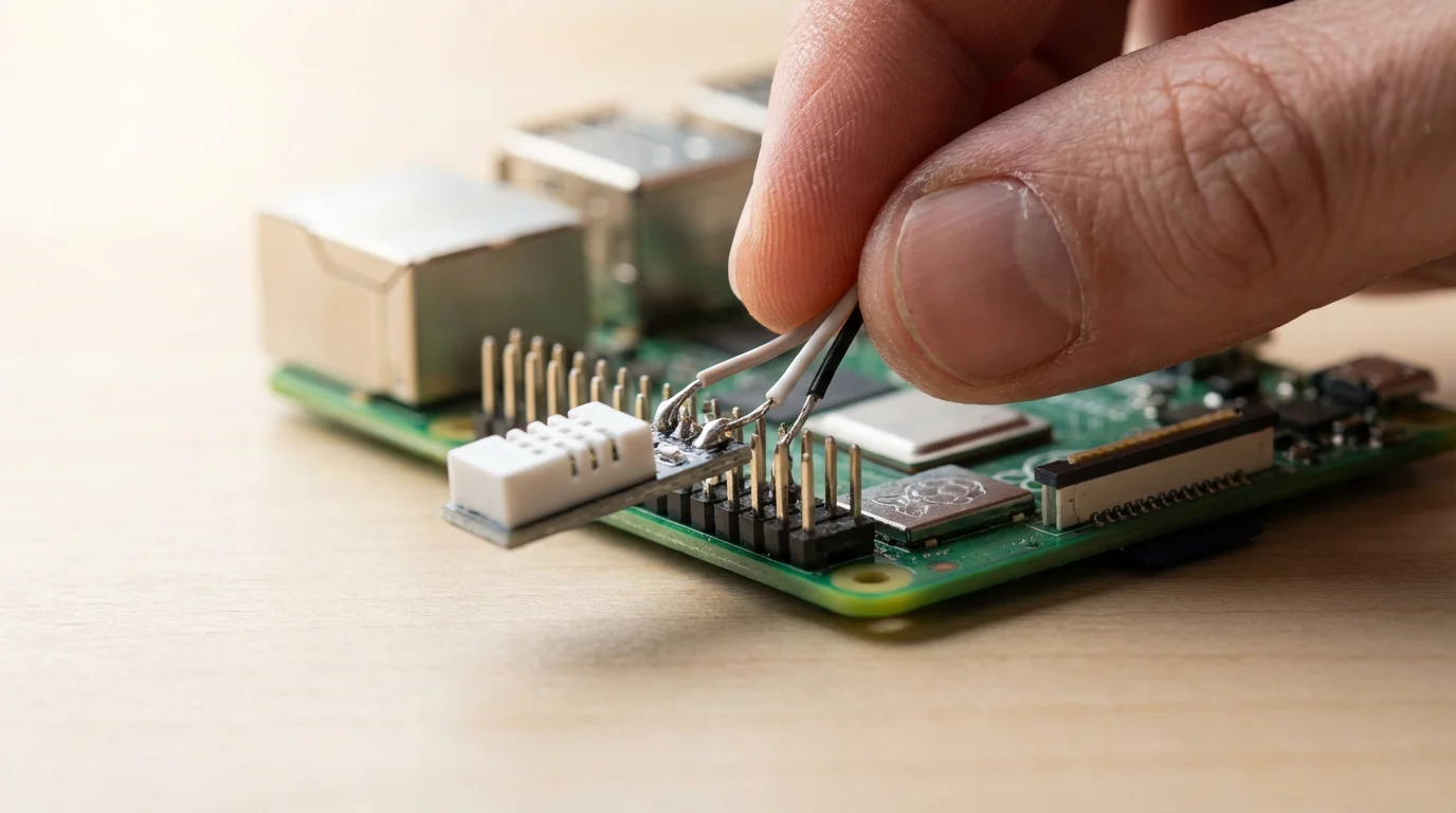 Close-up macro photo of a hand connecting a sensor to a single-board computer.
