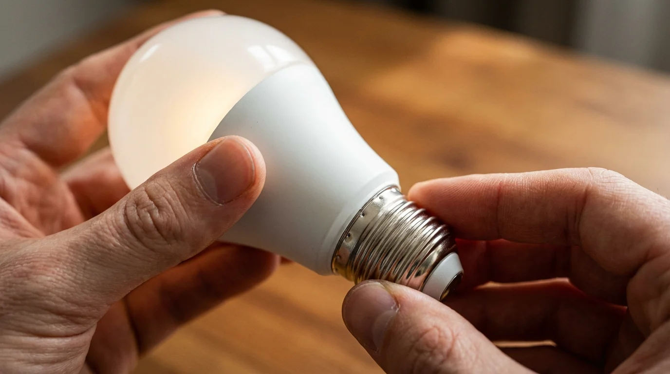 Close-up macro photo of a hand holding a white LED smart light bulb.