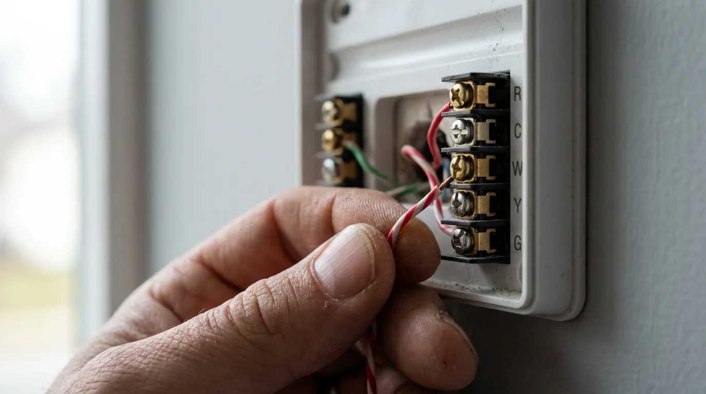 Close-up macro photo of a hand troubleshooting wiring on a smart thermostat wall plate.