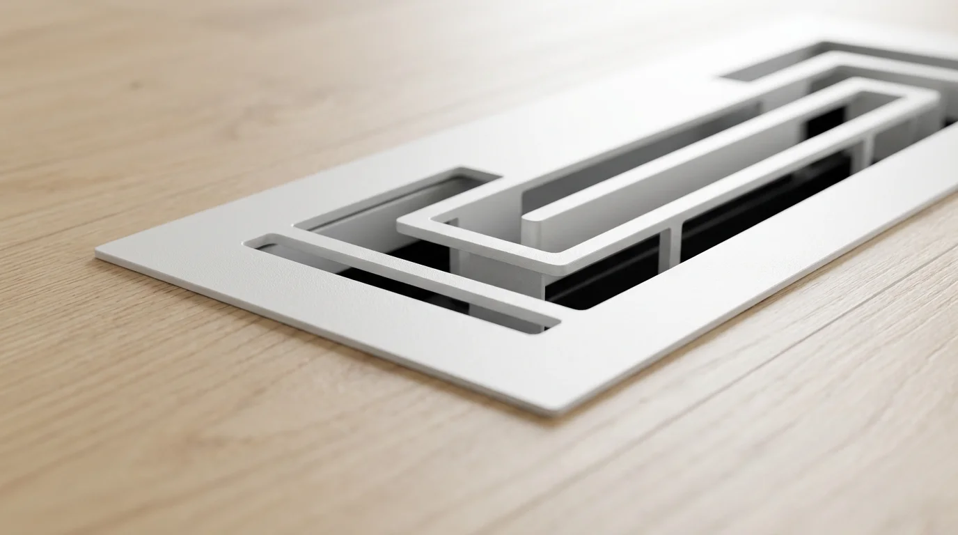 Close-up macro photo of a modern white smart air vent in a hardwood floor.